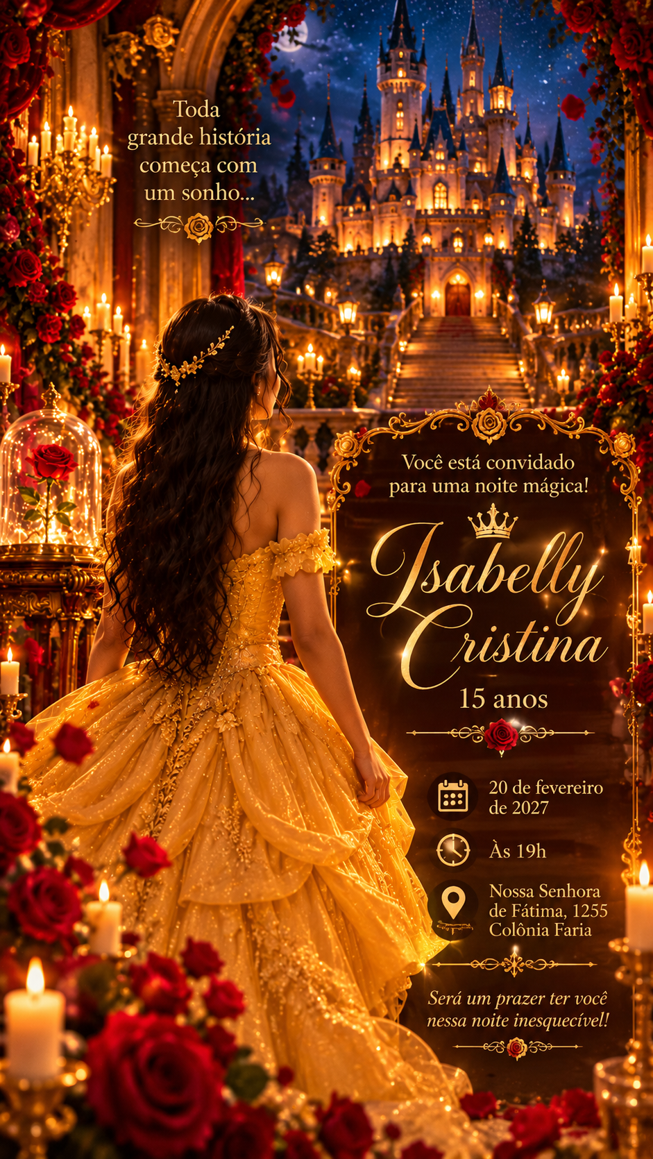 Convite de luxo dos 15 anos de Isabelly Cristina, vestido amarelo dourado, castelo encantado e rosas vermelhas